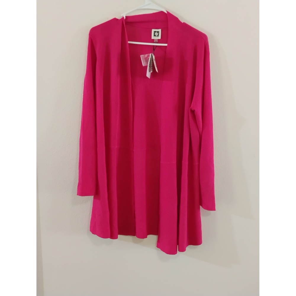 Anne Klein Womens Fuchsia Pink Open Front Long Sleeve Knit Cardigan Sweater L